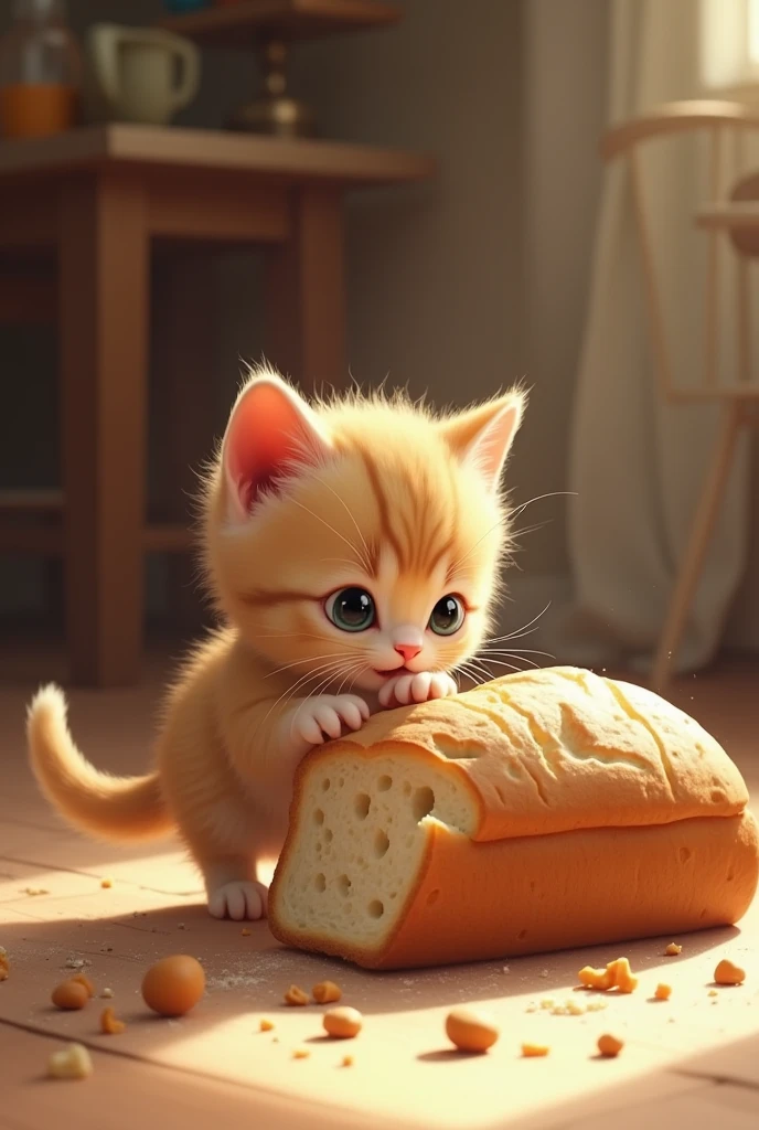 The kitten was hungry and ate half a loaf of bread on the way home