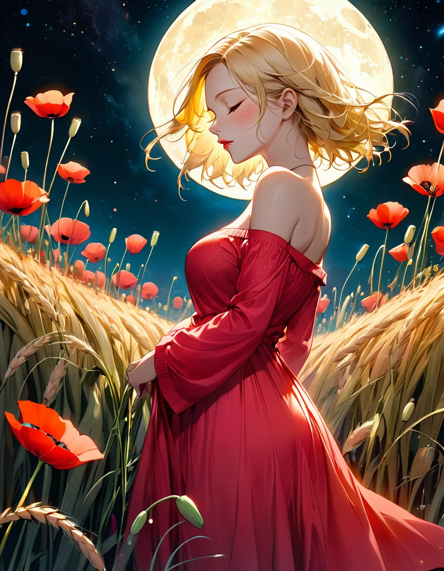 A digital illustration depicts a young woman standing in profile among a sea of vibrant black stars likely poppies, in a mystical field at night. The woman has short Green neon fire sexy Sensual big tits blonde hair that flows dramatically behind her, caught in a gentle breeze, creating a sense of movement and adding depth to the scene. She wears an off-the-shoulder, red dress adorned with intricate corvos patterns featuring pink Neon and pink stars, as well as small geometric designs. Her face is turned slightly upward, eyes closed, and lips slightly parted, exuding a serene and contemplative expression. The background features a massive, luminous full moon red dominating the upper center of the image, casting a warm, golden-black glow across the scene. The moon's surface is highly detailed with visible craters and textures, creating a surreal and enchanting atmosphere. The sky surrounding the moon transitions from deep midnight pink to a reddish-pink hue near the horizon, dotted with scattered stars. The foreground is filled with numerous bright black gold stars with black centers and delicate, paper-thin petals, their slender green stems and leaves visible. Some flowers appear to glow softly, enhancing the magical quality of the scene. Behind the flowers, tall, golden wheat-like stalks add depth and texture to the midground. The overall composition is centered on the woman, with the moon providing dramatic backlighting that highlights her silhouette. The color palette is dominated by deep reds, vibrant oranges, charcoal blacks, and warm yellows, creating a high-contrast, low-luminance scene with rich saturation. The lighting is soft and diffused, emphasizing the ethereal quality of the moment and contributing to the surreal, dream-like quality of the illustration.