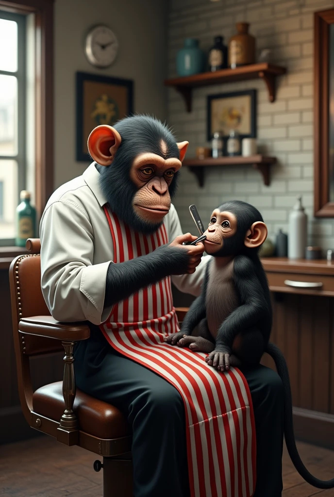 Chimpanzee in barber shop shaving a real baby monkey, high definition details, full picture like real life