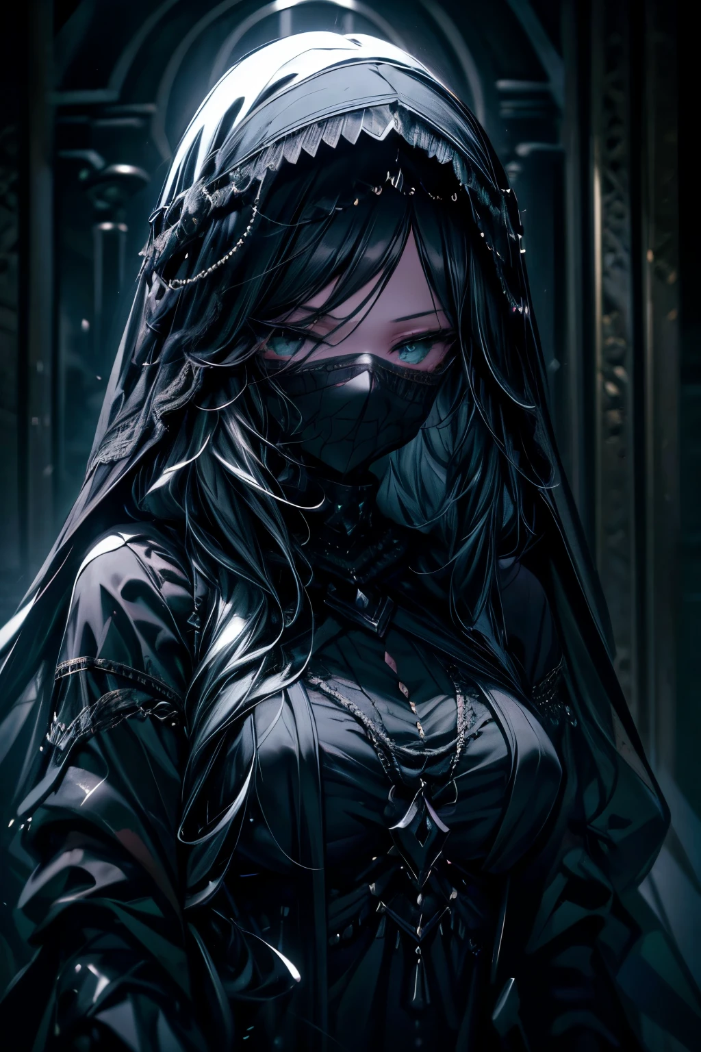 1girl, intricate details, black veil, black face veil, black dress, long black hair, green eyes, (masterpiece, best quality, perfect face, expressive eyes), dark fantasy, chiaroscuro, dramatic lighting, atmospheric, photorealistic, cinematic lighting, moody, dark and gritty