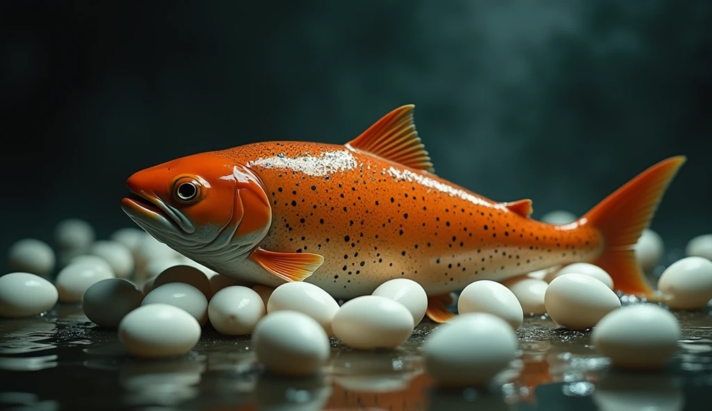 There is a shadow、Fish salmon、Fish salmonの体に黒くて細かい斑点がある、Fish salmonがニワトリの卵を100個産んでいます、There are no people、The fish is black