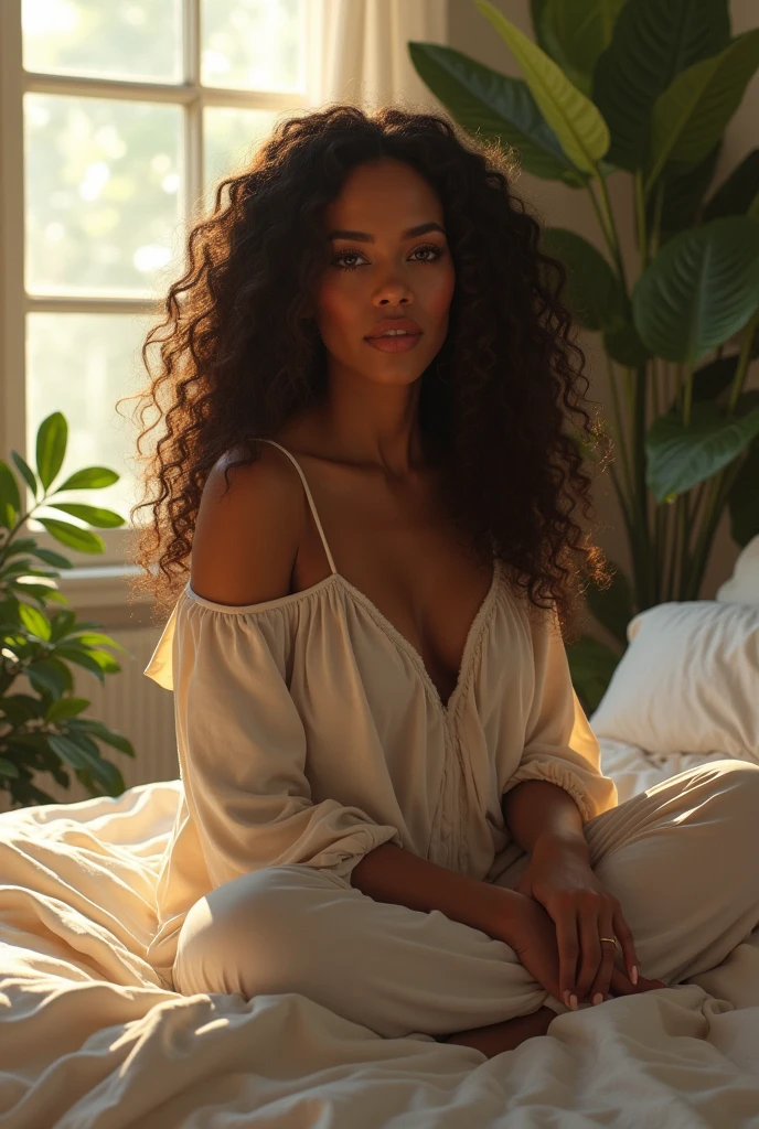 (photorealism:1.2), beautiful woman (kamala harris), sitting on bed, wearing loose off-shoulder top, pajama pants, long curly hair, indoors, soft lighting, plants in background, window with sunlight, cozy room, relaxed pose, realistic, intricate details, warm colors, by Greg Rutkowski, by Alphonse Mucha
