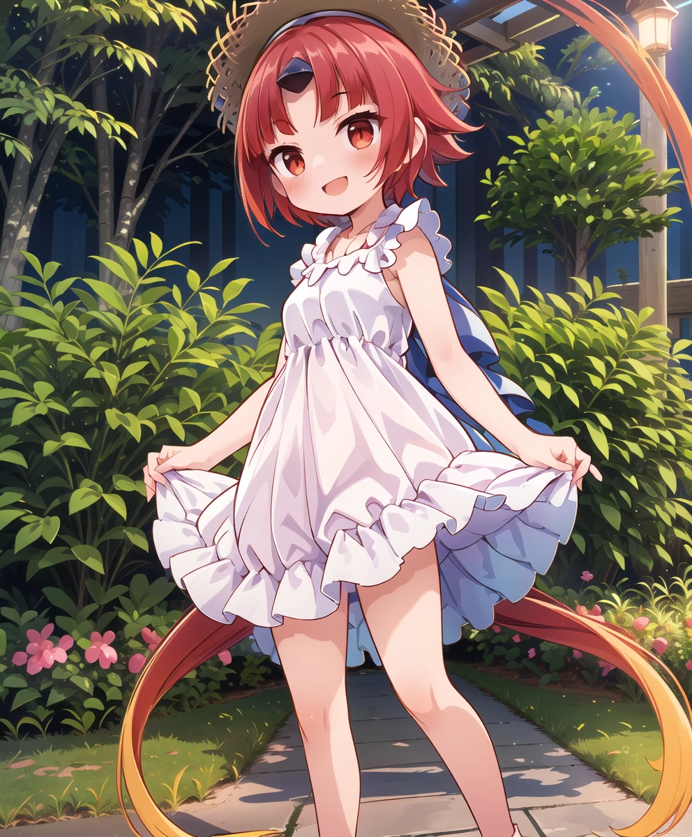 (masterpiece,best quality:1.2),photography, official art,(((wearing a light summer dress:1.5))),smile:1.2,whole body,Perfect composition,One person,1girl,be_enma,short hair,red hir,parted bangs, straw hat