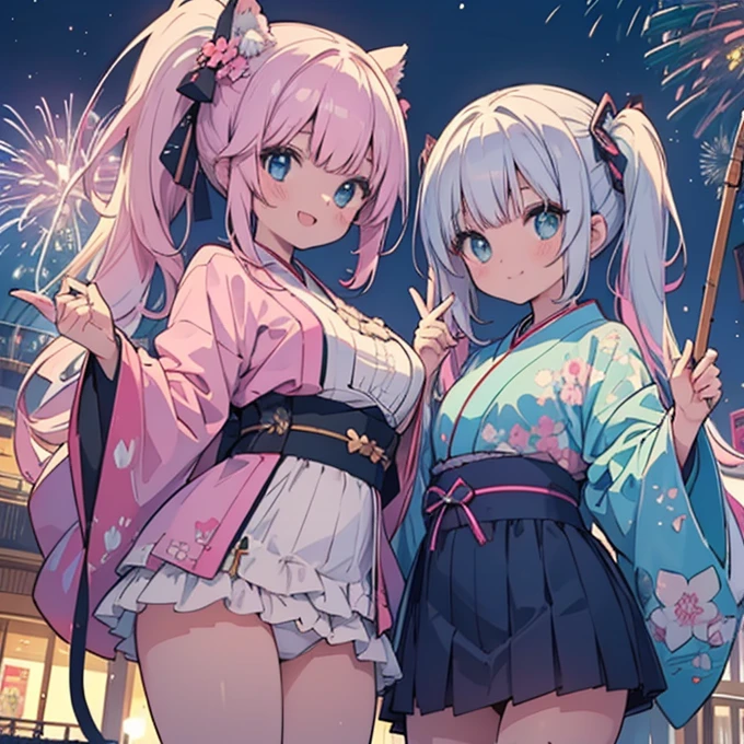 night、firework、kimono、（White panties:1.3）、Ultra mini skirt、Beautiful thighs、White panties、赤いミニスカートがめくれてWhite pantiesが見えてる
繊細、masterpiece、Highest quality、2 peopleの、2 peopleだけ、2 people、(((cute、Pink Hair、Long Hair、Twin tails，distinct eyes、haveは無し)))、(((cute、Silver Hair、Side Tail、High ponytail on the left、have)))、Flat Color、2 peopleとも正面を向いている、Sparkling eyes sketch(flying debris), (Highest quality), Very detailed, ((1 person)), Focus Only，dynamic，((smile))，Perfect Face, Beautiful Face, Very detailedな顔，Swimwear，Idle only，Gorgeous hair ornament,smile，Large Breasts，