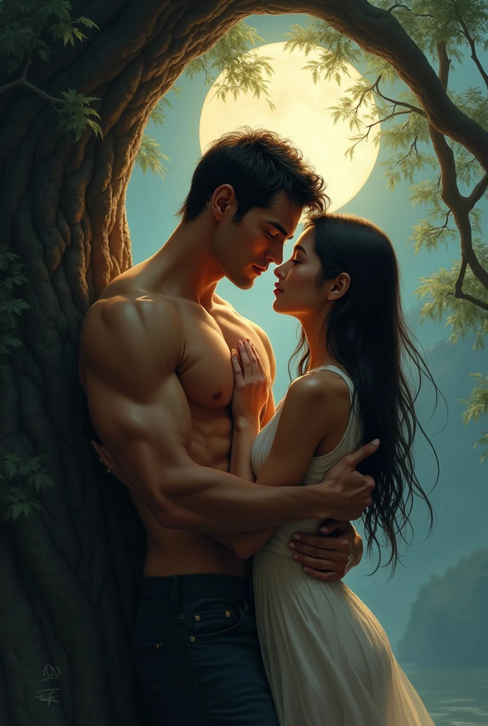 A muscular man and a delicate Asian man who do not show their faces kiss in the shade under the full moon