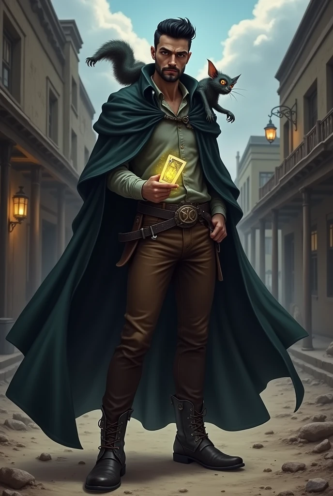 I would like a man with a slightly darker style. He has black hair styled into a pompadour, a short beard, brown eyes, and a dark cloak covering his body like batman. Underneath, he wears a dress shirt, brown pants, boots with spurs, and a dark glowing deck in his hand. He also has a shadowy creature on his shoulder that resembles a gremilim. I would like him to have a mature style and for the art to be in a fantasy RPG style set in the Old West.

