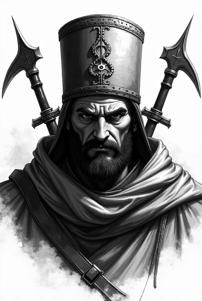 An Ottoman Janissary head with Janissary hat which is aggressive with a long scar over the whole face with 2 aliviten shears as a background behind the head drawn in black and white with a pen