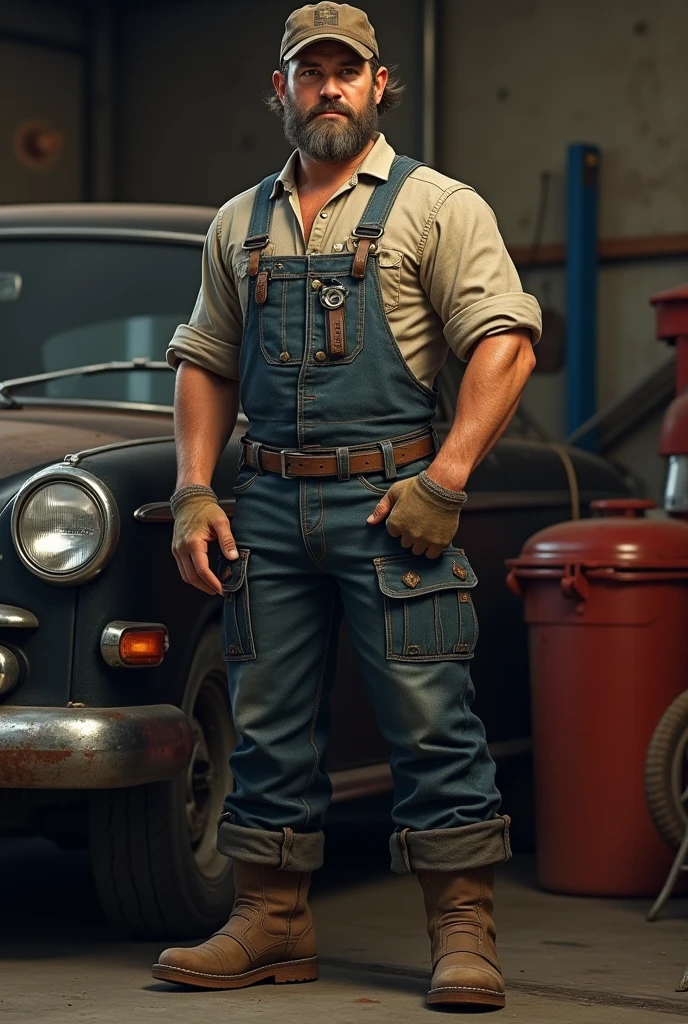 A rugged car mechanic in their mid-30s, with a strong, muscular build and slightly greasy, tousled short hair. They wear a well-worn cap, a durable work shirt with rolled-up sleeves, grease-stained overalls, and heavy-duty work boots. Their hands are often smudged with oil, and they have a custom engraved wrench tucked in their back pocket. Their sharp eyes and confident demeanor reflect their deep knowledge and passion for cars.