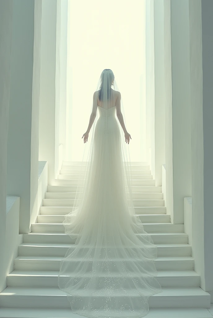 Create a woman with her hands raised in a conservative wedding dress walking up a white staircase that goes up to the sky with a very long veil surrounded by sparkles on her dress