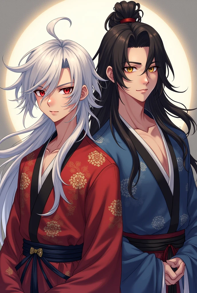 Create an image of:
first, a man in his twenties, androgynous-looking, long white hair, Eyes red, slim body, wearing traditional Chinese clothing, in anime style.
Segundo, a man in his twenties, manly appearance, long black hair tied in a ponytail, gold eyes, slender and fit body, wearing traditional Chinese clothing, in anime style.