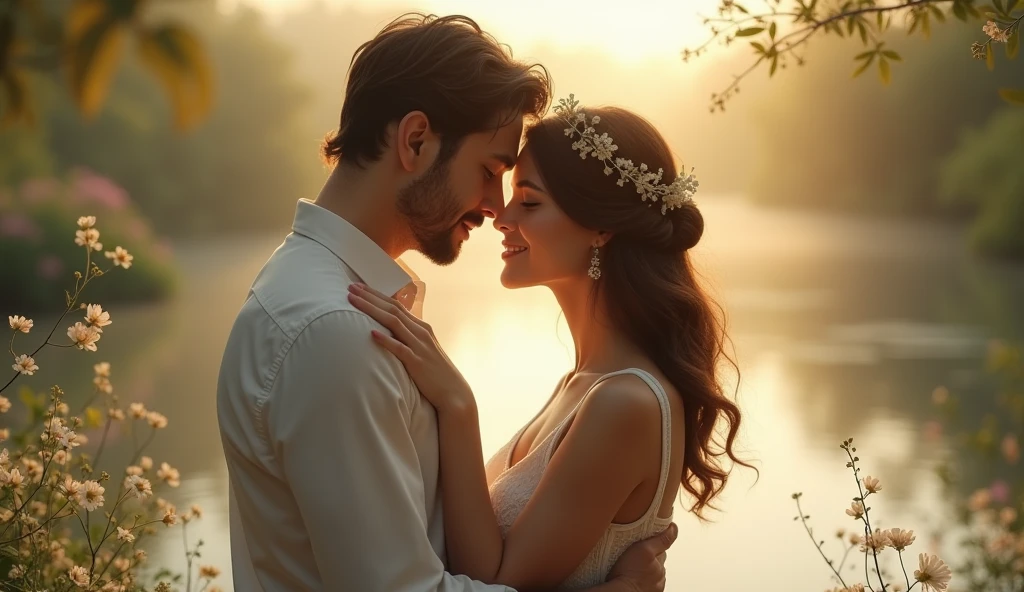 **Mood:** Tender and serene, with an emphasis on the connection and closeness between the couple. The scene should evoke a sense of timeless romance and tranquility