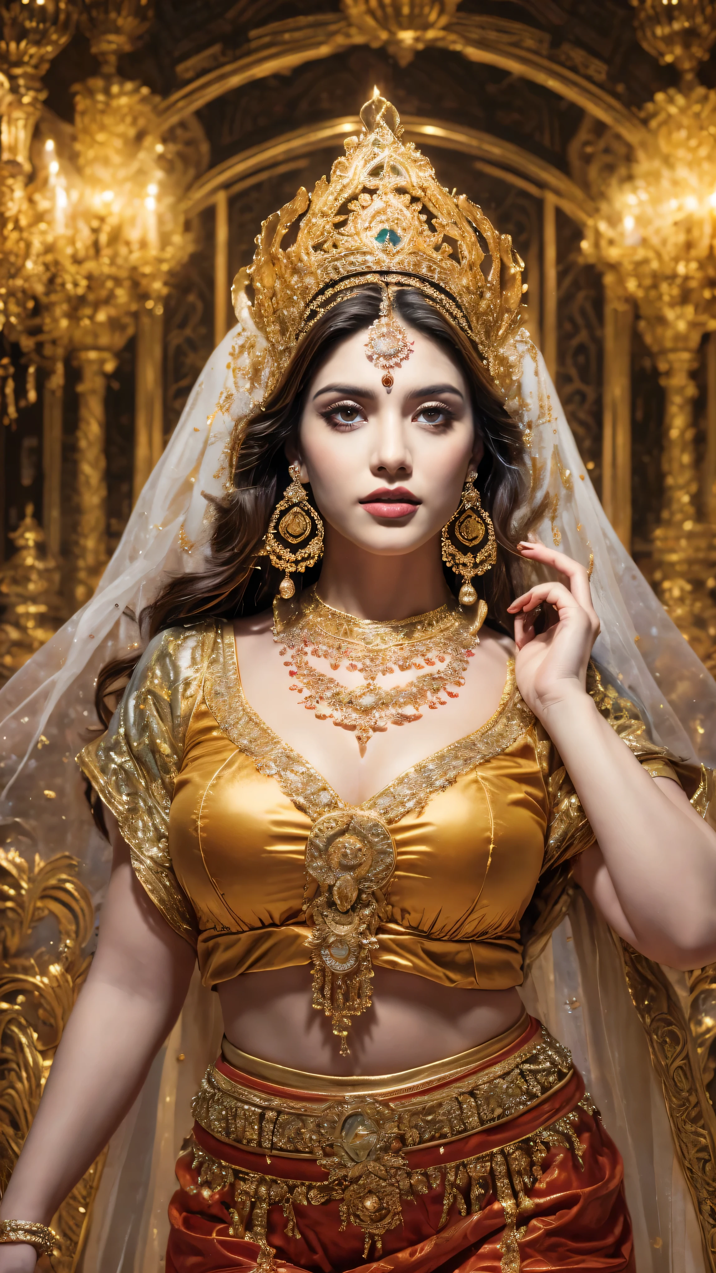 ((Best quality, 8k, Masterpiece :1.3)), Sharp focus :1.2, Generate a realistic image of a beautiful sexy Indian woman plus size body: 8.5 (masterpiece like a princess) (body like divine girl) dressed divine clothes white short skirt and print giant plus size v neck blouse + belt, adorned with traditional ornaments, standing in a well-lit room with cinematic lighting. ((Front view, random elegant pose)), and there is a sense of grace and elegance in her posture. The background should complement the scene, enhancing the overall aesthetic appeal of the image. Photography by Brandon Woelfel, Full shot: Canon EF 16-35mm f/2.8L III USM lens on a Canon EOS 5D Mark IV camera, ultra realistic, 32k, HD