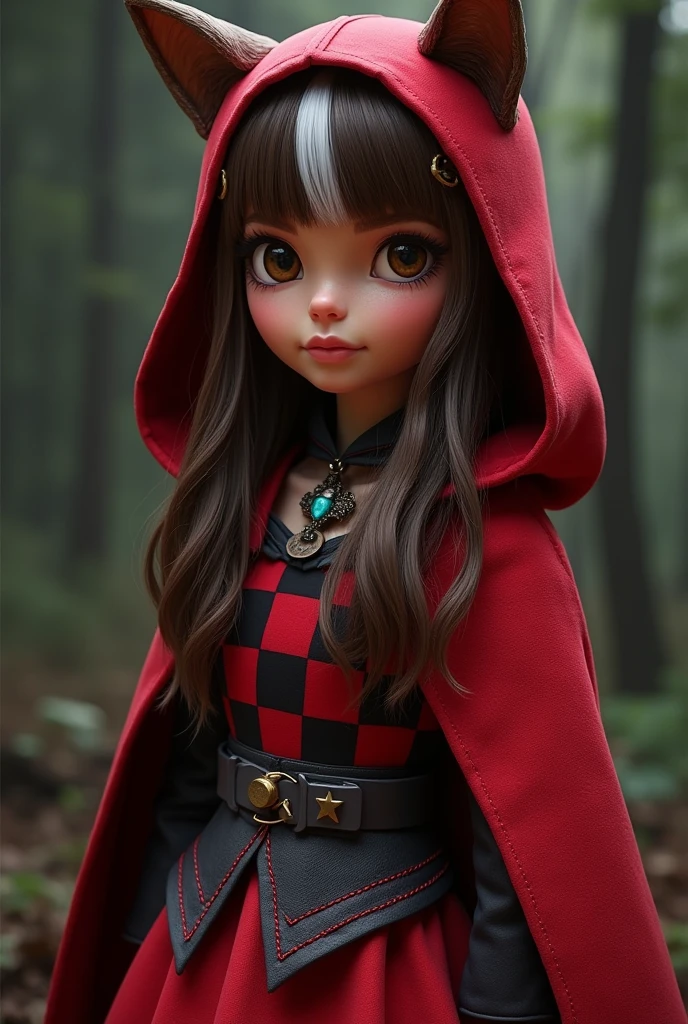 Imagem da filha da Cerise Hood e da Cedar Wood de Ever After High: You must have straight, wavy hair with brown bangs and a white streak., eyes browns, Light brown skin, big red hood, in wolf ears, red dress with gray details, with red and black checkered details on the top and red with gray on the bottom, wooden elements in clothing