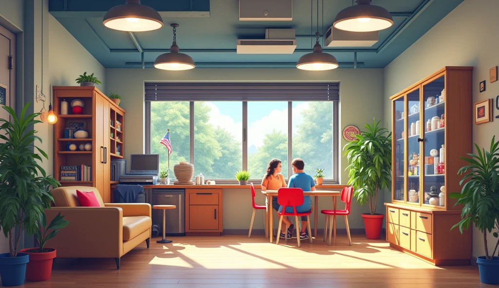 This American-style dormitory is home to baseball players. The first floor common area is bright and spacious, with a living room, kitchen, and a display case filled with baseball memorabilia.You can see the stairs going up to the second floor.