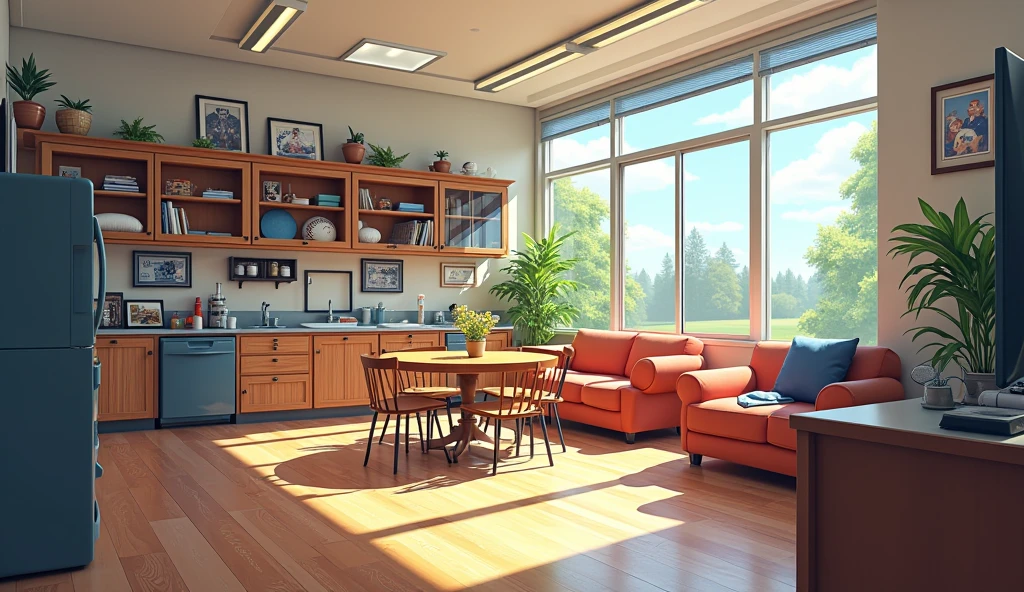 This American-style dormitory is home to baseball players. The first floor common area is bright and spacious, with a living room, kitchen, and a display case filled with baseball memorabilia.You can see the stairs going up to the second floor.