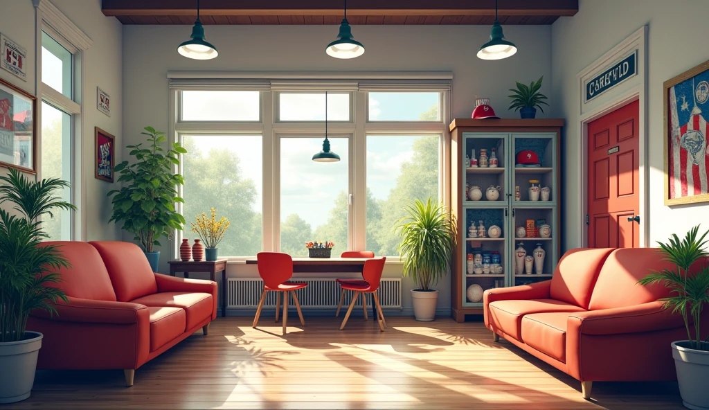 This American-style dormitory is home to baseball players. The first floor common area is bright and spacious, with a living room, kitchen, and a display case filled with baseball memorabilia.You can see the stairs going up to the second floor.