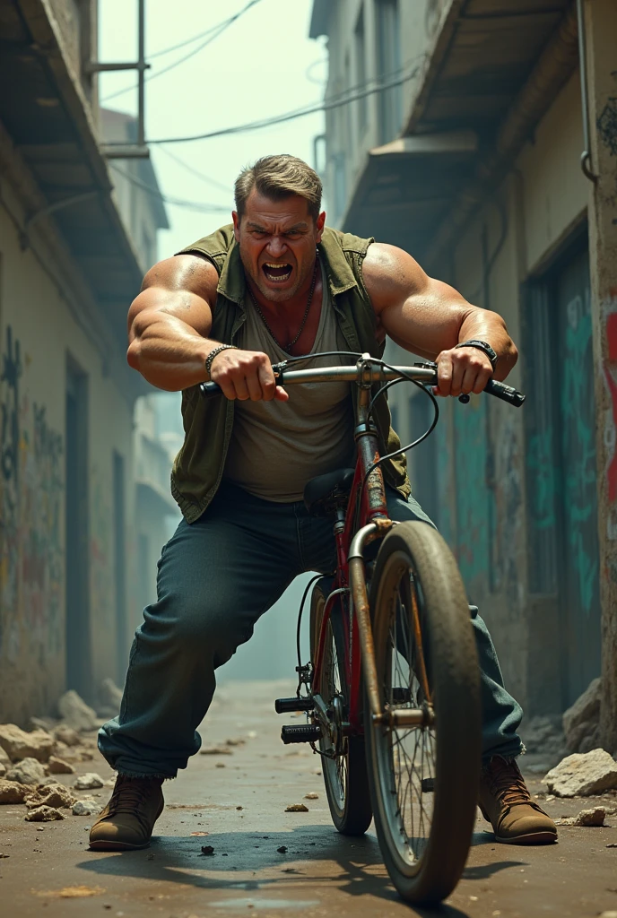 A person male holding bycycle just going to throw on another person