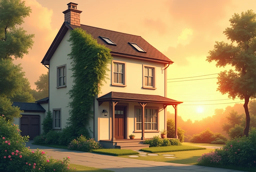 House, two floors, cream paint, ivy on an exterior wall, plain, Sunset, Beautiful.