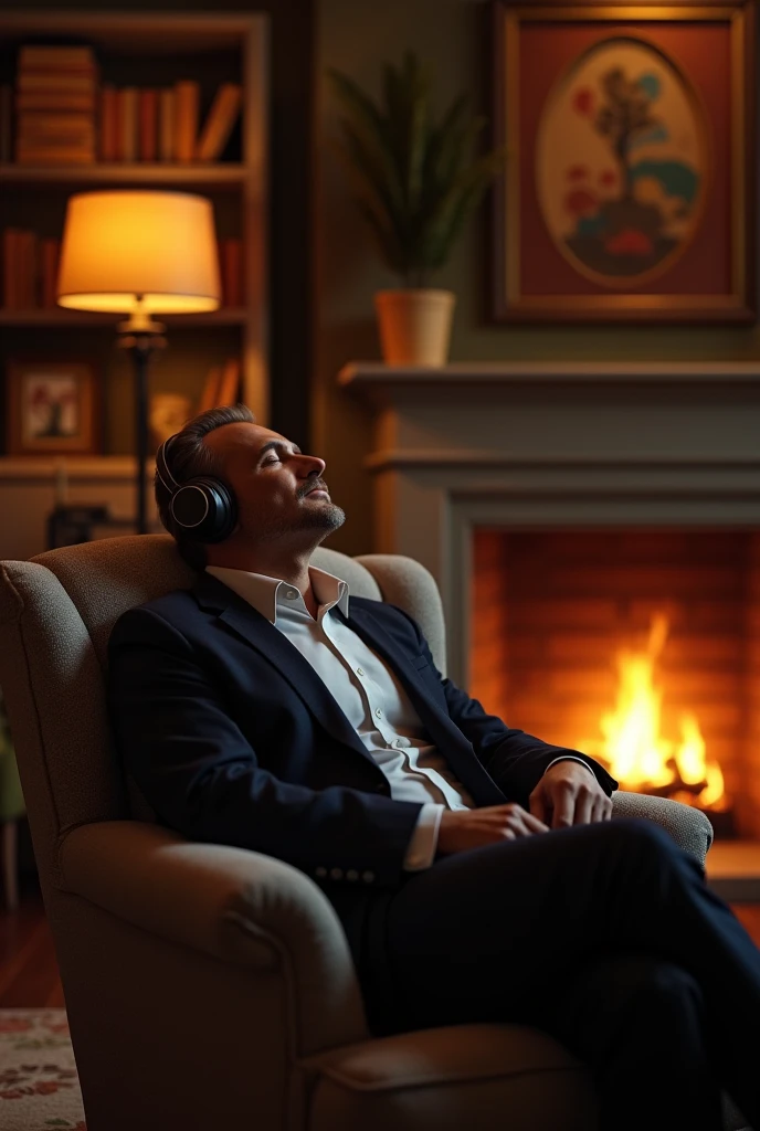 Man listening to relaxing Jazz on headphones in the living room, in front of a fireplace