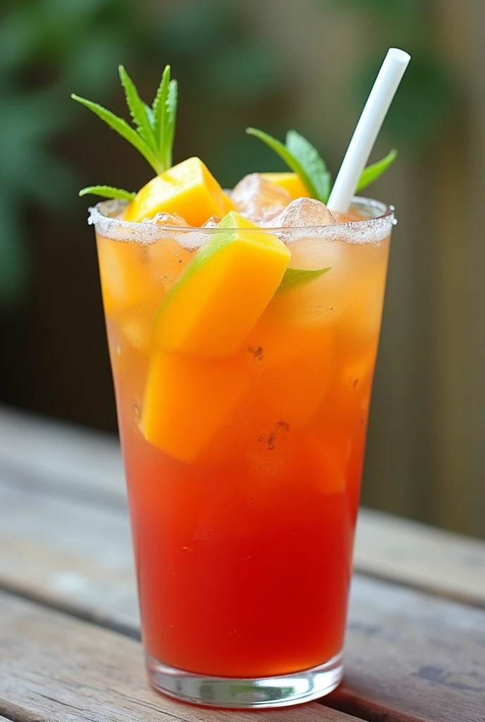 MICHELADA WITH MANGO AND LOTS OF ICE IN A DISPOSABLE GLASS WITH A STRAW