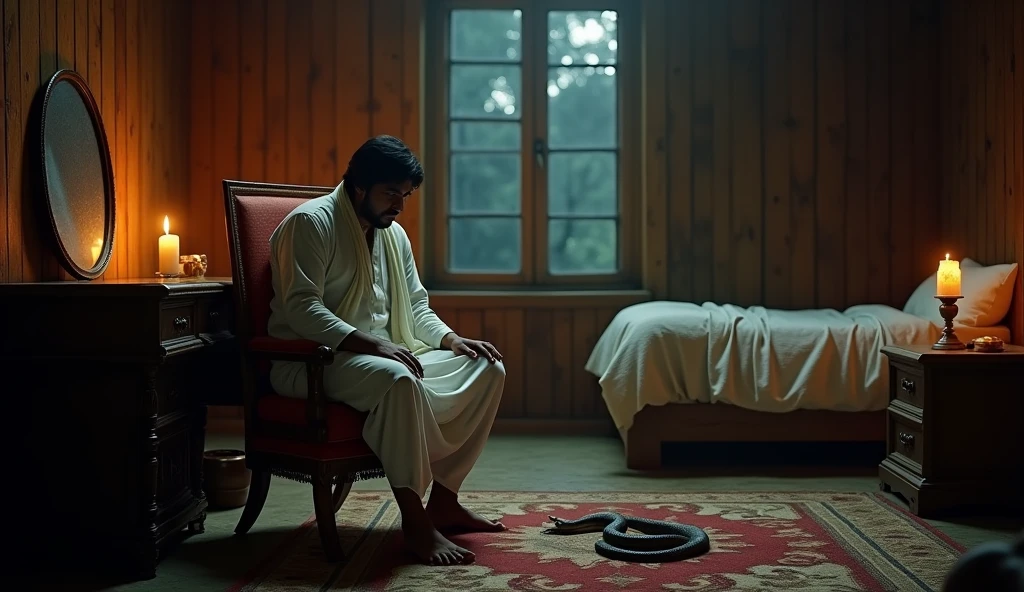 (photorealism:1.2), Man in dhoti kurta, sitting on a chair in front of a table, Mirror on the table, wearing a white kurta, white dhoti, man black hair, inside a dark rented old wooden room, only a candle light, wooden walls, first floor room, night, open window with moonlight, bed with white sheet and pillow on, scared pose, a cobra in front of him on the floor, realistic, intricate details, warm colors