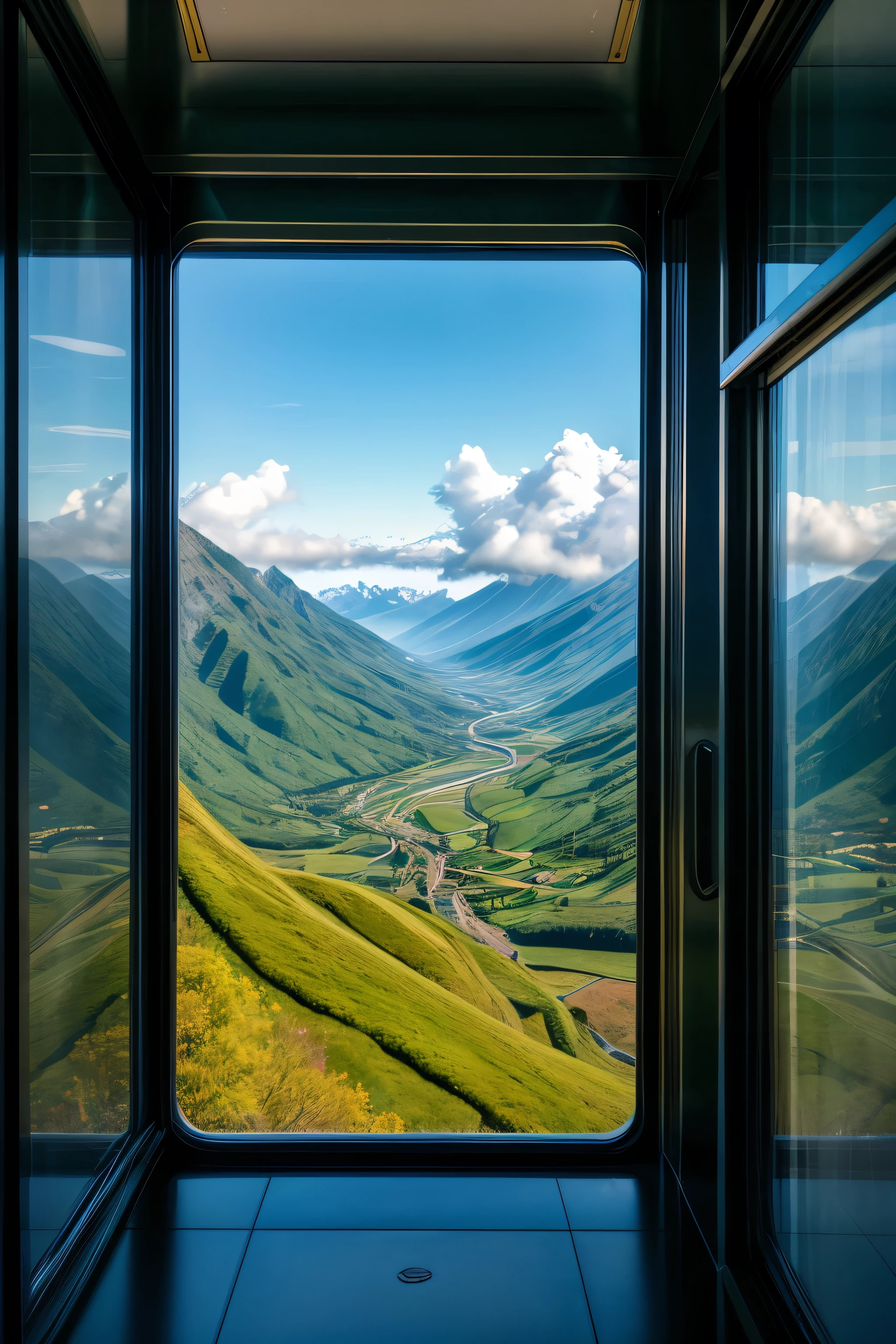 Highest quality　　From the window of a modern office building、Misty green mountains々Create a fantastic image that evokes the world of a futuristic travel train running along a beautiful seashore, as if it were crossing a rainbow.。　I would like to use this as a profile picture for social media sites that mainly feature landscapes that will give people all over the world a momentary release from the suffocating, stressful reality of today&#39;s society.。