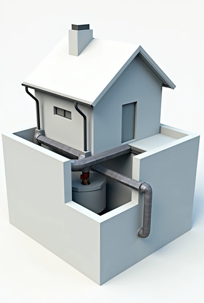Create a 3D industrial drawing of a house with gutters on the edges of the roofs that connect to a pipe in a corner that goes down to a filter connected to a cistern below the ground.