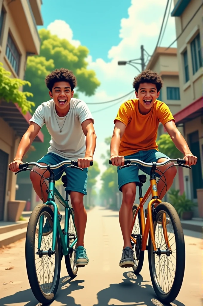 Sunny and the narrator on their bikes: Two young men, Sunny and the narrator, riding their bikes joyfully through the city streets of Latur.
