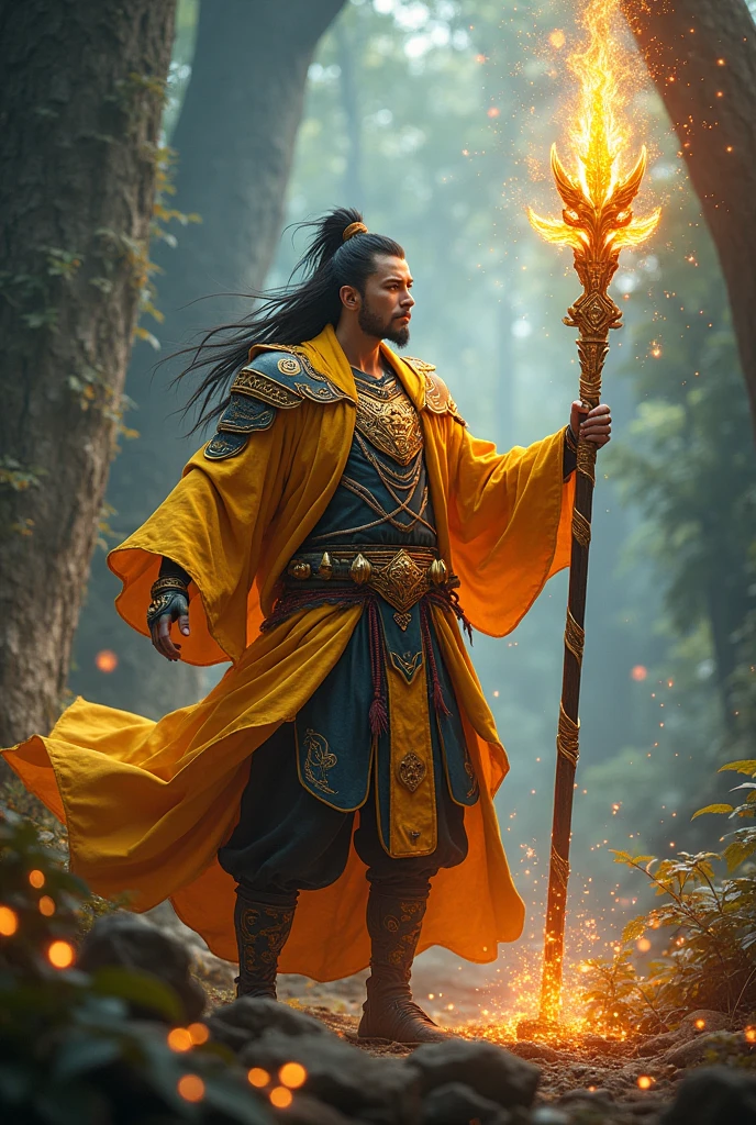 Wizard Wukong, a master of magic, with floating robes, a glowing arcane staff and visible spells around it. | Scenery of an enchanted forest, uma floresta densa, with giant trees, luminous vegetation and magical creatures. | O Wizard Wukong tem olhos com íris de fogo, golden coat with mystical patterns and tribal tattoos. | He is wearing magnificent modern samurai armor, sophisticated and extremely detailed. | He is holding a beautiful magical staff with floating crystals. | He is invoking magic with his hands raised, casting spells with stunning visual effects. | Firelight illuminated by flames creating a warm glow.