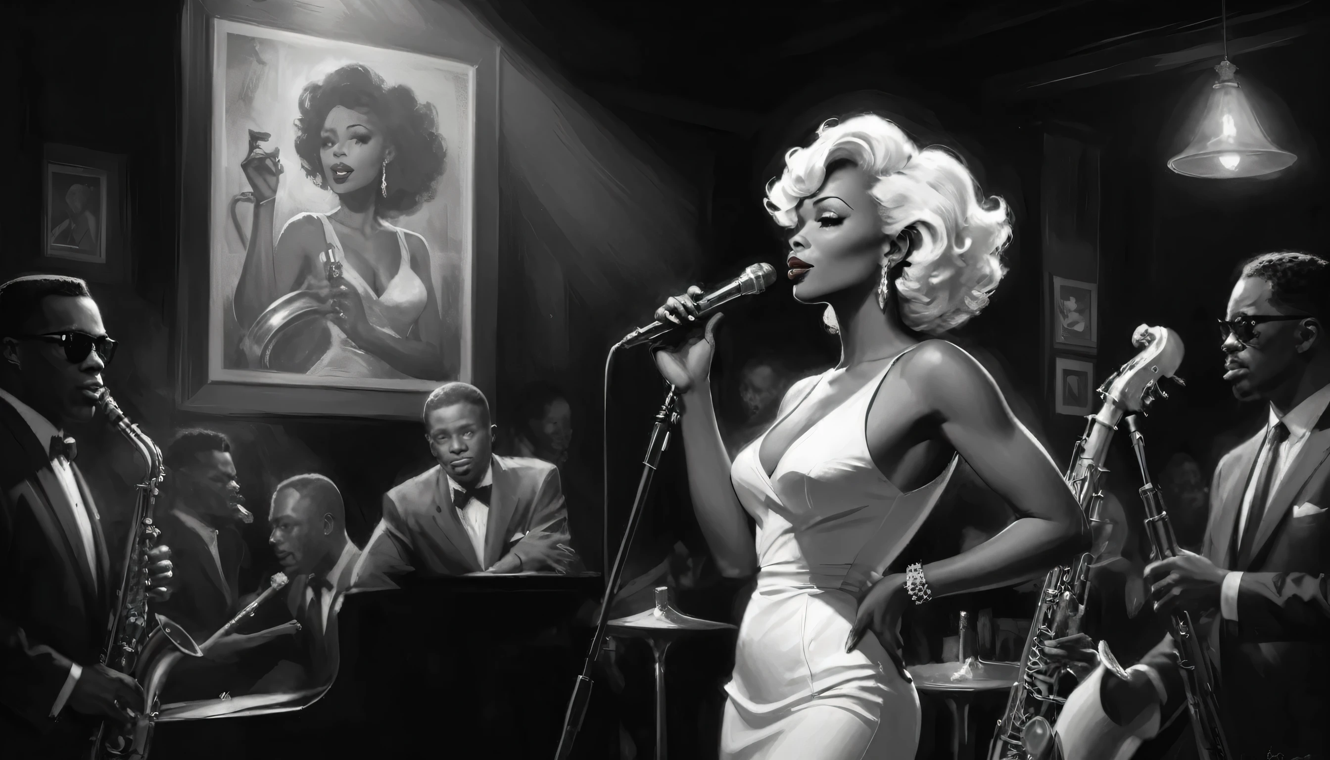 alabama bar, blue note, charismatic, baterist, guitarist, saxophonist, jazz band, bw, illustration, noir fantasy, singer lady,