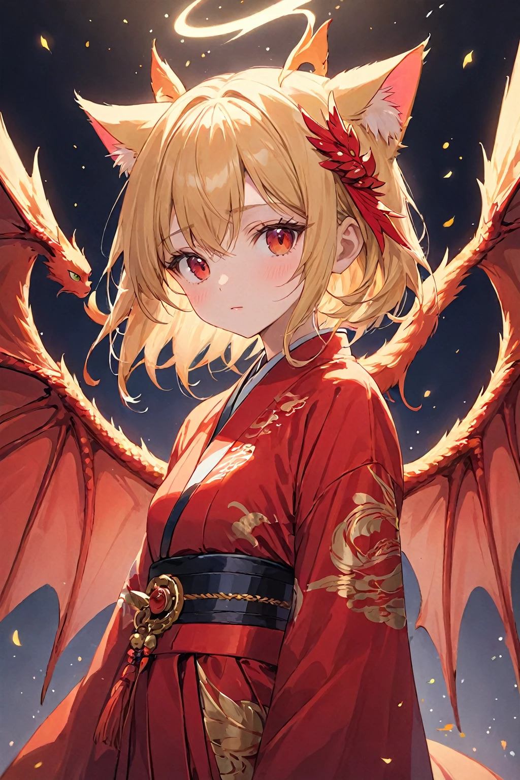 ((Head to Toe)), (Perfect Face：1.1)、(Attention to detail：1.1), masterpiece, Highest quality, Very detailed, High resolution, Japanese anime,One person, Blonde, dragon wings, (((Red Cat&#39;s Eye:1.5))), (((美しいAttention to detail目:1.4))), ((角からつま先までwhole body:1.5)), smile, (Dragon Horn:1.5), Height 135cm, original character, Fantasy, (((whole body:1.8))), Beautiful fingers, Are standing, (Blue White Gold Lace Ruffle Dress:1.5), Shoot from the front, View your viewers, Exposed Skin, Dragon Princess, hyper quality, highly detailed 