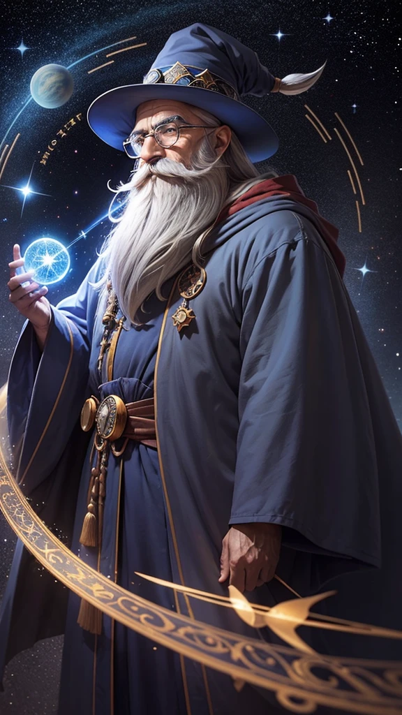An old gray-haired astrologer wizard with a long beard, colorful mustache, round glasses and a pointed hat, in blue robes with a starry tint and magical glow surrounded by astronomical objects