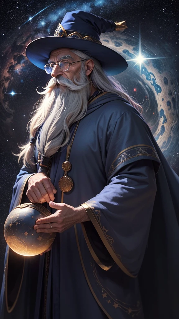An old gray-haired astrologer wizard with a long beard, colorful mustache, round glasses and a pointed hat, in blue robes with a starry tint and magical glow surrounded by astronomical objects