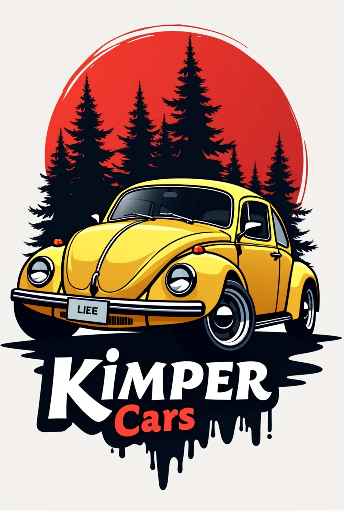 Logo of automotive workshop, lubrication center and tire shop , Kimper cars with letters that say Kimper cars with a yellow beetle car letter color. Red and black for a logo sign I want logo type