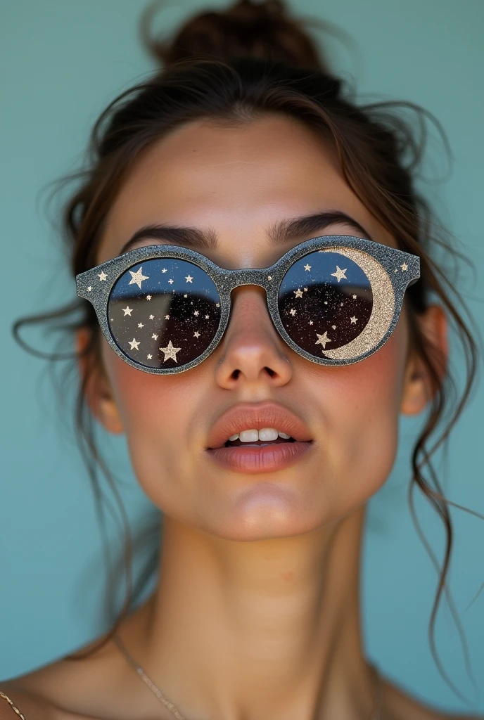 The model is wearing glass sunglasses with stars and the moon on the glass