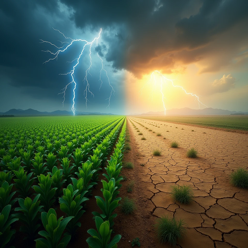 An image with a beautiful soybean plantation and on the other side a dry and arid land struck by lightning