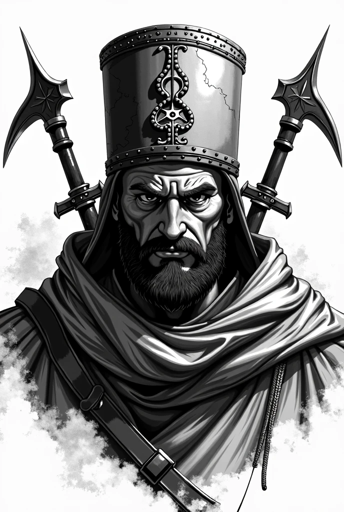 An Ottoman Janissary head with Janissary hat which is aggressive with a long scar over the whole face with 2 aliviten shears as a background behind the head drawn in black and white with a pen