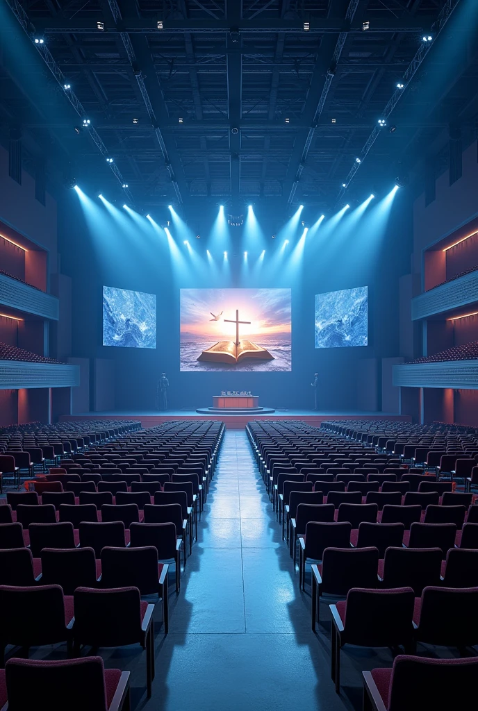 A very huge and wide rectangualar meeting hall, with many rows and Columns of chairs devided with 4 walk ways,blue and white light in the building,ceiling with many spot lights, A wide Huge rectangular stage at a far end, background of the stage "a full screen shoing A light shining out from a bible cross on the top of the bible and a dove on the top of the cross", Tv screen hang down on the middels of ceiling infron of rows