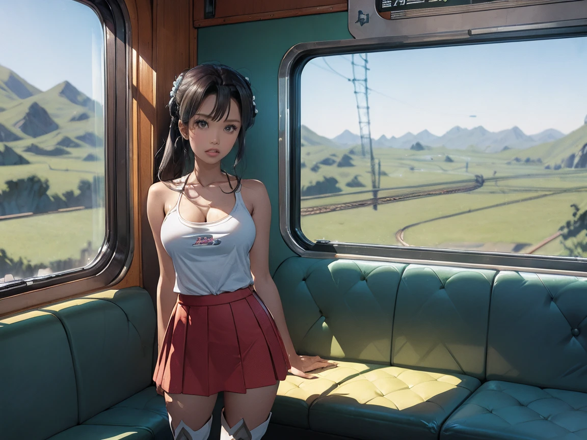 There is a beautiful 1girl standing on the train tracks, train signals, landscape artwork, a train in the distance, anime background art, loepfe art, detailed scenery, landscape art detailed, loepfe art style, beautiful anime landscape, made with anime painter studio, background artwork, anime country landscape, beautiful art UHD 4 K, anime art wallpaper 8 K, anime landscape, smiling at camera, tank top, mini skirt, boots,very busty