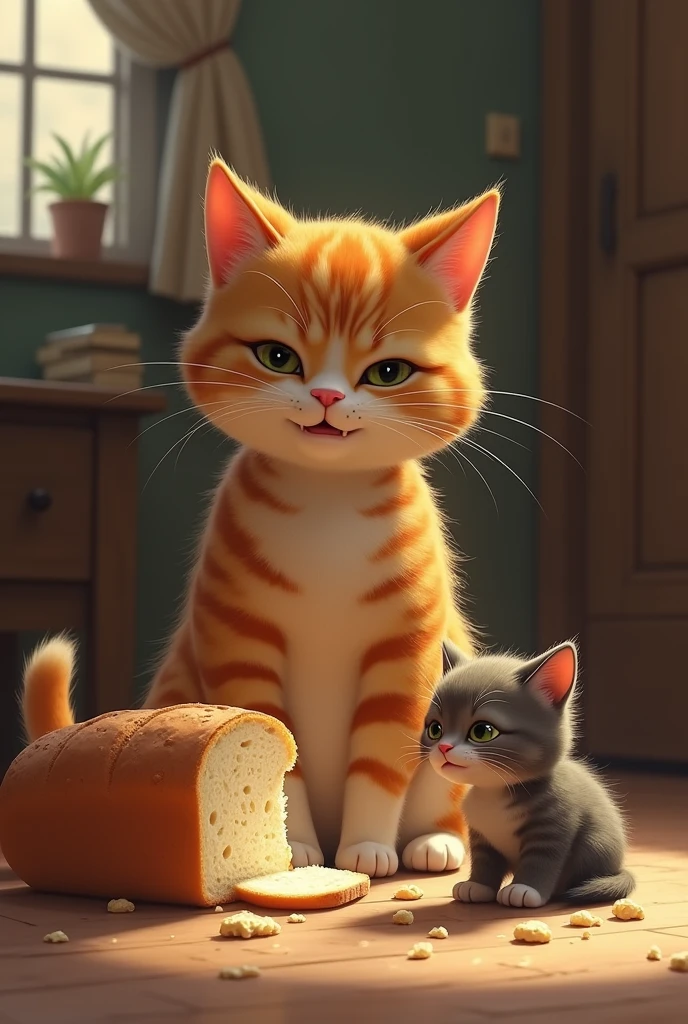 Mother cat scolds kitten for eating half a loaf of bread