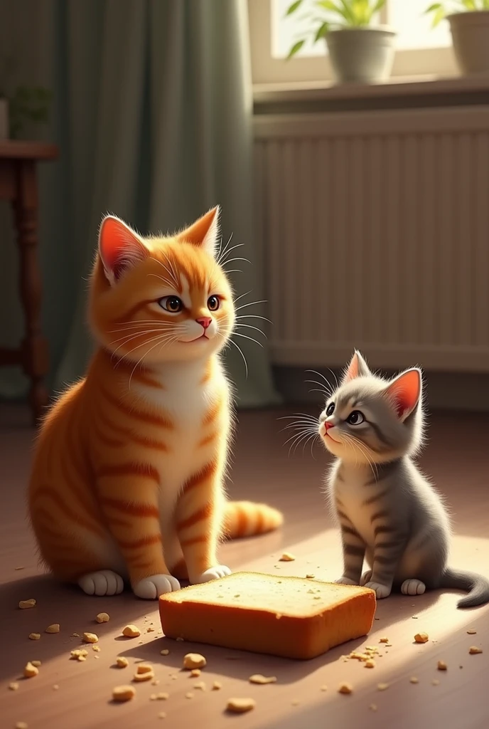 Mother cat scolds kitten for eating half a loaf of bread