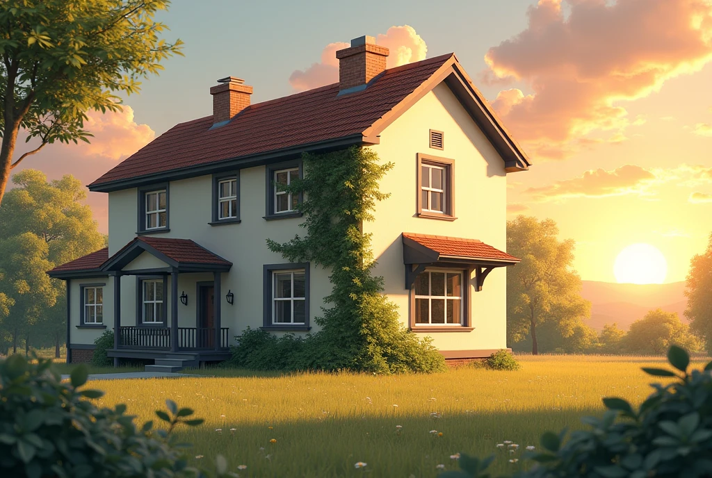 House, two floors, cream paint, ivy on an exterior wall, plain, Sunset, Beautiful.