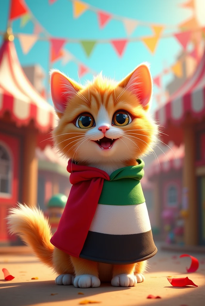 A CUTE CAT DRESSED WITH THE UEA FLAG IN A CARNIVAL 