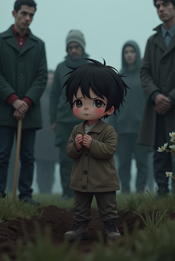 A small child is crying near the grave, many people are standing around