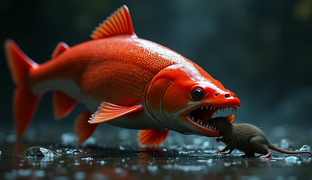 There is a shadow、Fish salmon、Fish salmonの体に黒くて細かい斑点がある、Fish salmonがねずみを食べようとしている、The fish has its mouth wide open