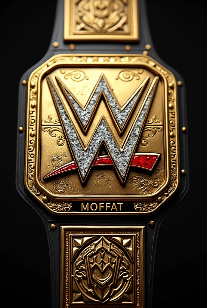 Create a custom golden WWE Championship with black stripes with the word 'Moffat' at the bottom 