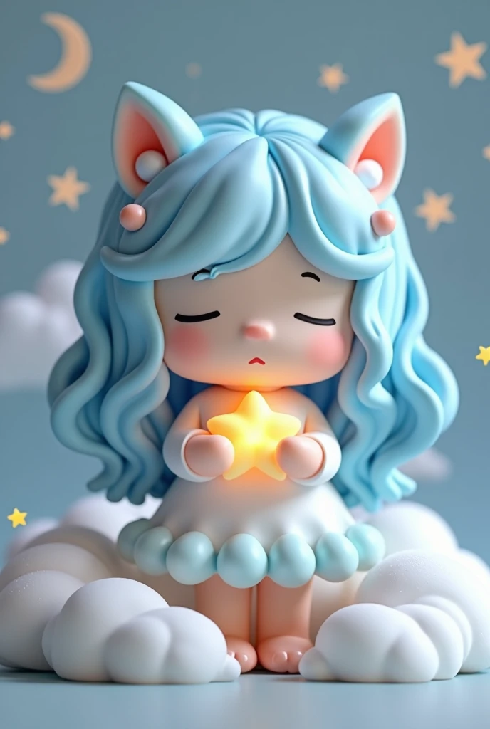 “Create a whimsical and serene art toy character inspired by the night sky. The character should have soft, pastel blue hair styled in gentle waves and wear a fluffy, cloud-like dress. The character is holding a small, glowing star close to their chest, and their eyes are closed, giving them a peaceful expression. The background should feature subtle, dreamy elements like clouds, crescent moons, and tiny stars, all in soft, muted tones to complement the character’s gentle appearance.”