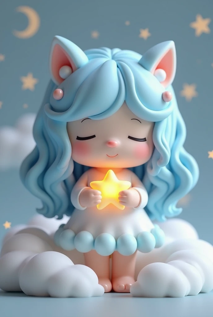 “Create a whimsical and serene art toy character inspired by the night sky. The character should have soft, pastel blue hair styled in gentle waves and wear a fluffy, cloud-like dress. The character is holding a small, glowing star close to their chest, and their eyes are closed, giving them a peaceful expression. The background should feature subtle, dreamy elements like clouds, crescent moons, and tiny stars, all in soft, muted tones to complement the character’s gentle appearance.”