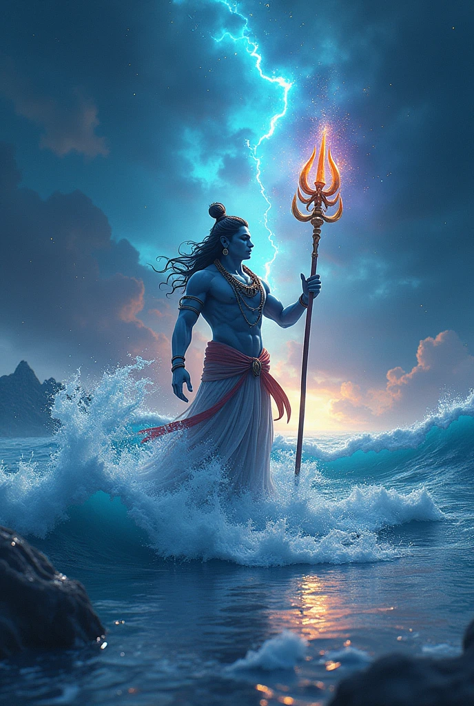 a breathtaking fantasy seascape, a sea of stars, stars liquified and forming the ocean, dazzling luminescent stardust, holographic mirror-like reflections, transparent rainbow-colored iridescent coating, multiple exposures layered, gentle ocean waves, dramatic lighting and staging, surreal and aesthetically stunning, shimmering and sparkling effects of lord Shiva is there and with a trident front face