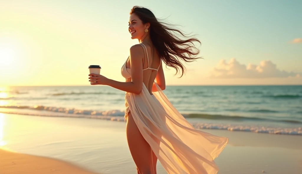Create an image of a confident, 2 Filipina woman with an hourglass body shape, slightly curvy, and standing at 5'4". She has fair skin, long and thick hair, and a small heart-shaped face with reduced cheekbones and a round chin. Her nose is very pointy and smaller. She stands on a sandy beach with a joyful, flirtatious expression on her face, her delicate features framed by windswept hair. She’s wearing a stylish bikini top and skimpy shorts, with a transparent dress flowing elegantly around her. In one hand, she holds a cup of coffee, while her other hand is raised, gently reaching towards the clear morning sky. The background features the soft, warm light of a morning sun reflecting off the calm ocean waves, capturing the serene beauty of a beach at dawn.